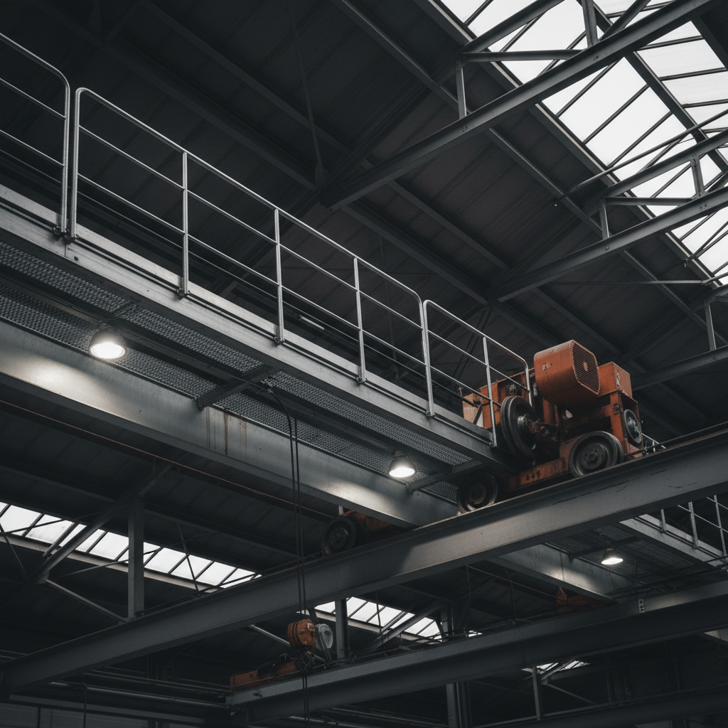 Elevated maintenance walkway and access platform running alongside an overhead crane girder in a factory roof structure