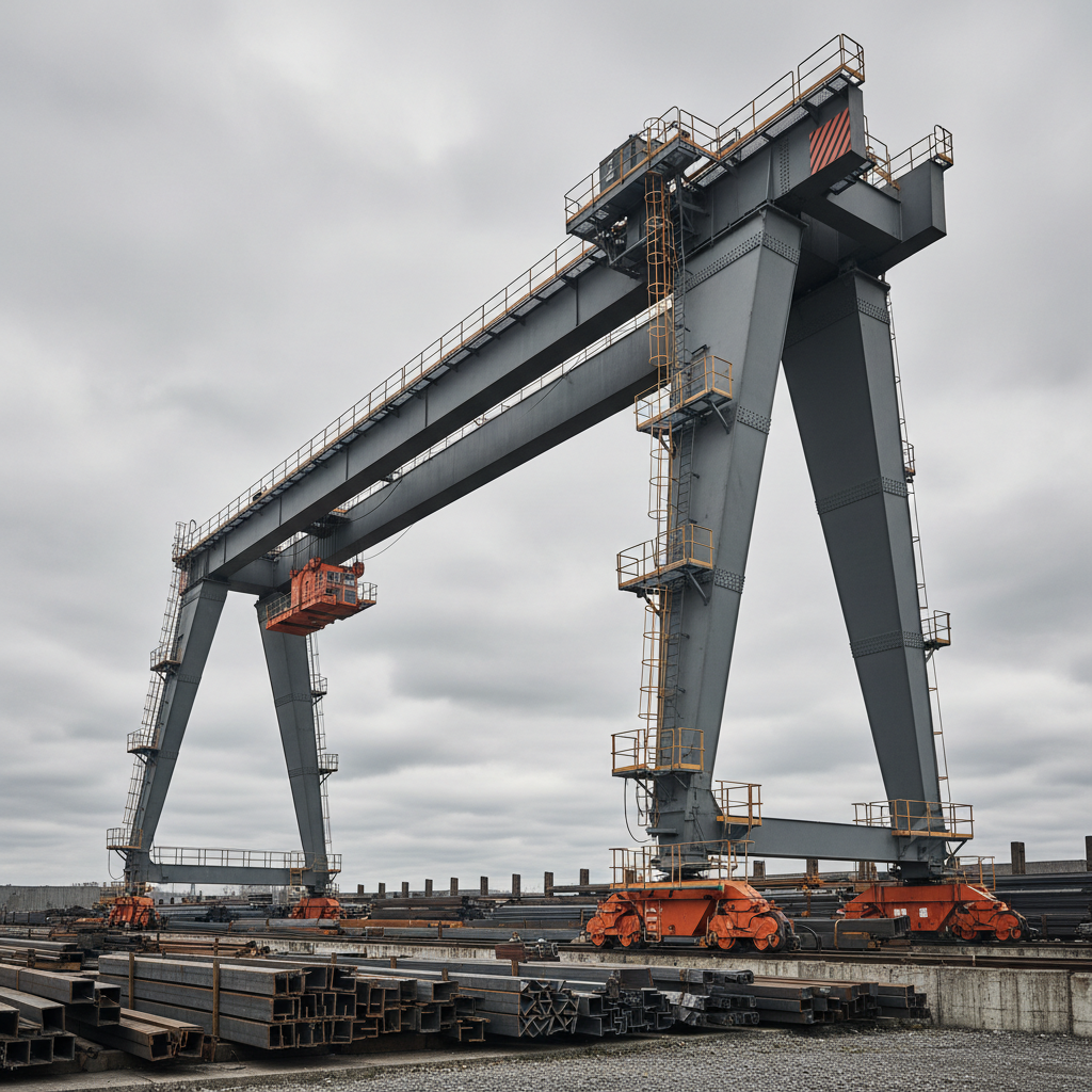 Rail mounted gantry crane on tall A-frame legs spanning an outdoor steel storage yard