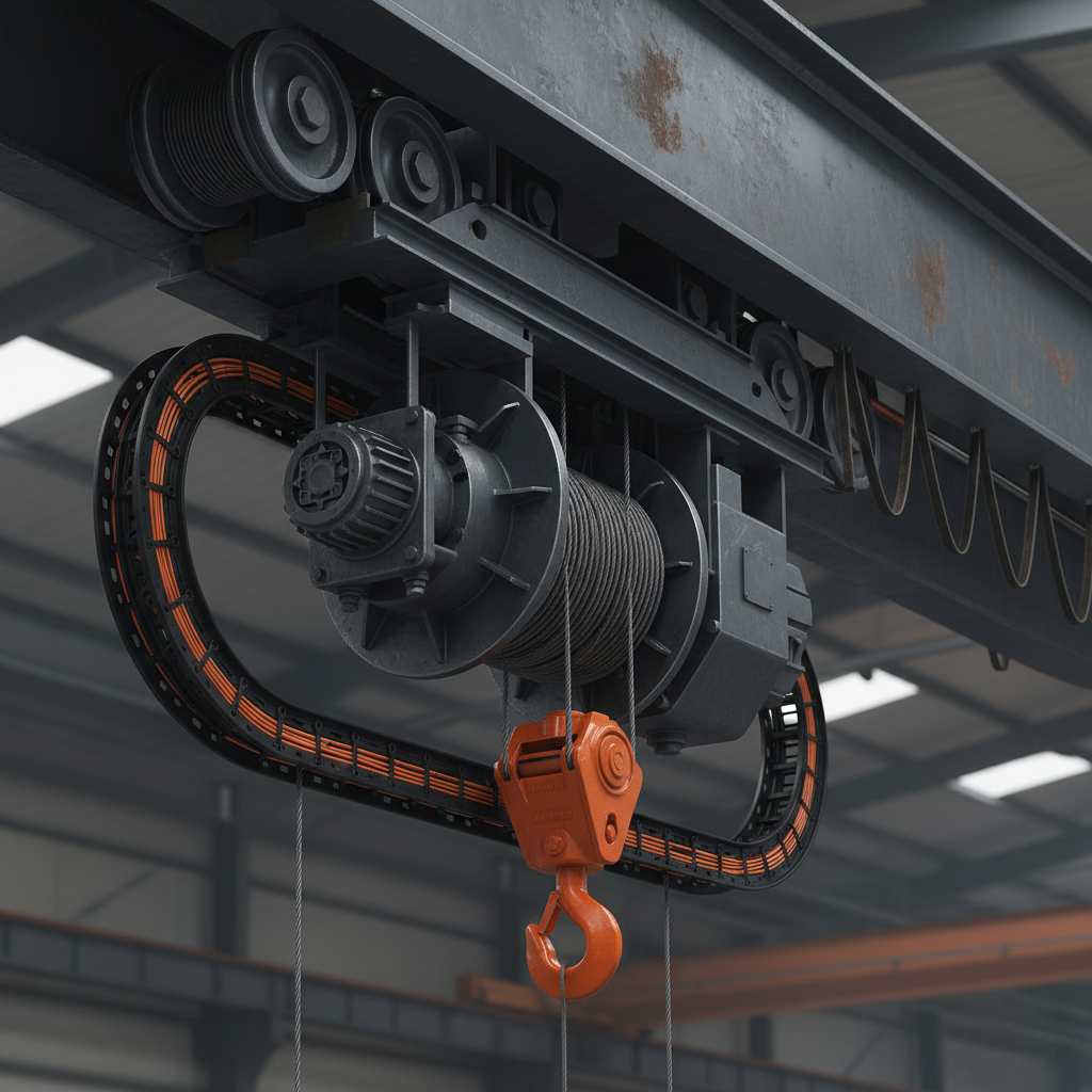 Wire rope hoist and motorised trolley mounted on a crane girder, showing the grooved rope drum, gearbox and hook block