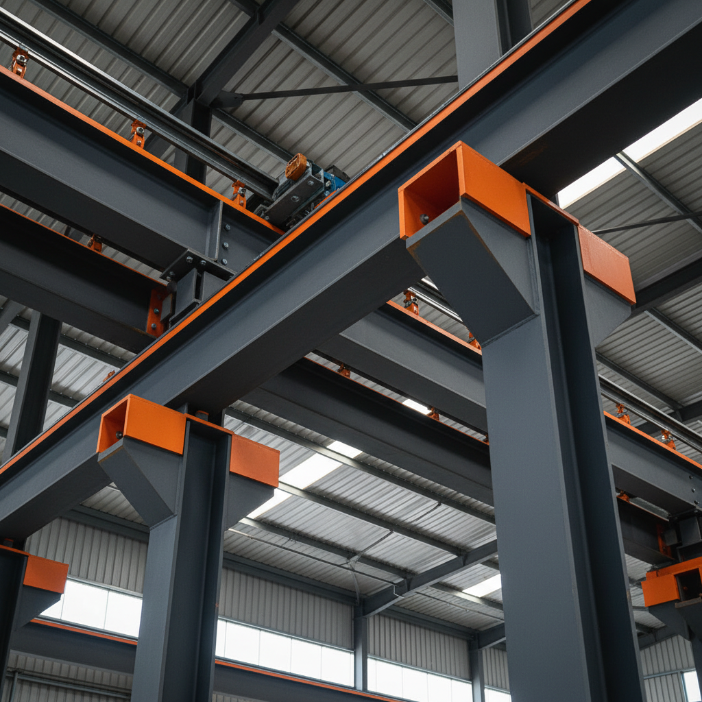 Structural steel runway beams and supporting columns with crane rail seated on the top flange and welded bracket corbels