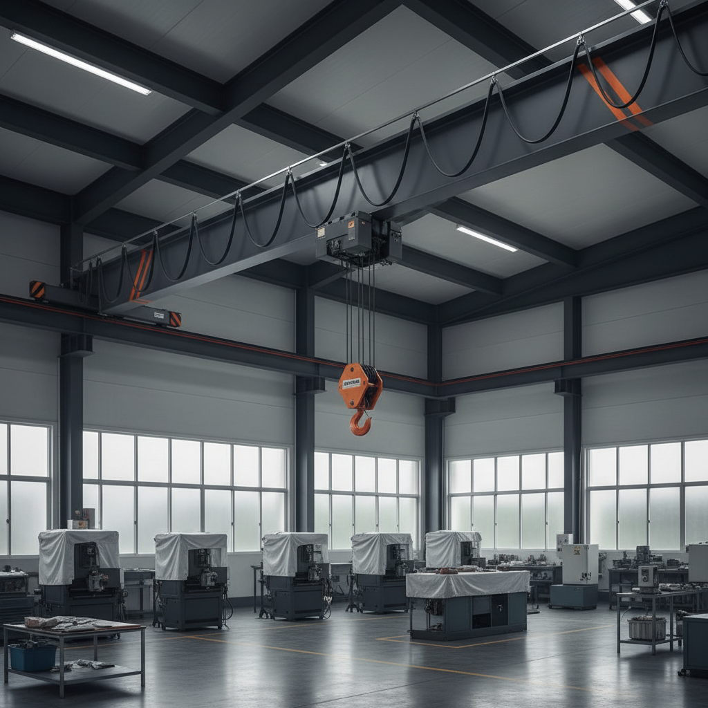 Single girder overhead travelling crane with an underhung hoist trolley running on the lower flange of the box girder